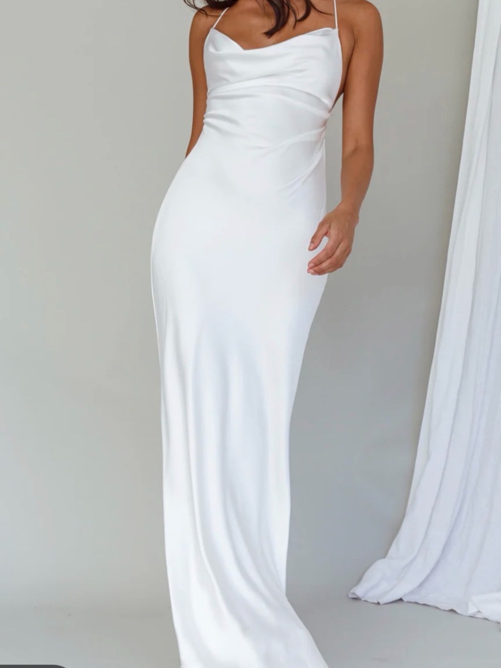 Selfie Leslie White Satin Cowl Maxi Dress